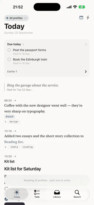 Today showing notes from every profile, each marked with its profile’s colour