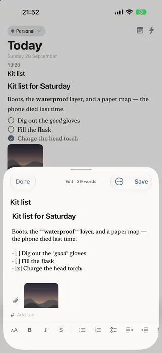 A note open in the editor, with a heading, checklist and picture