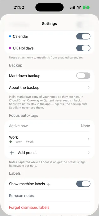 Settings, with a Work Focus set to tag new notes