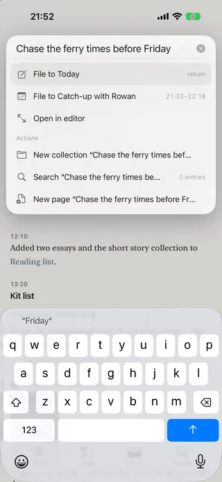 Pulling down on iPhone to jot a note, with options to save it to today or to a meeting