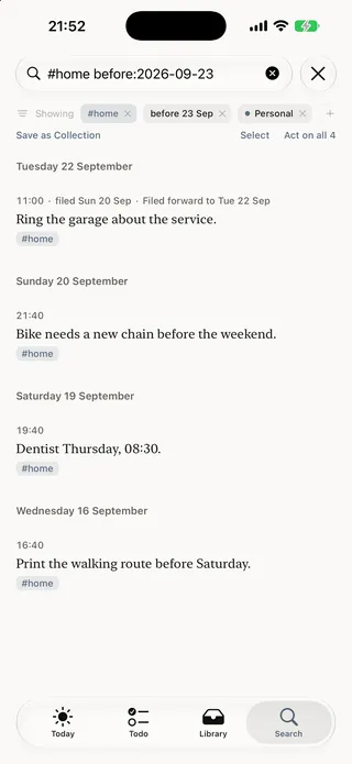 A search for notes tagged #home from before 23 September, with results from four days
