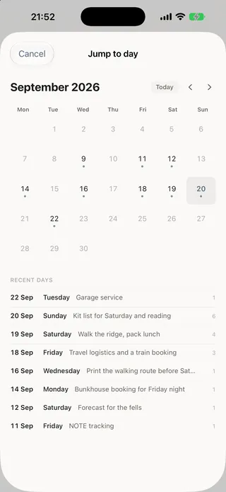 A calendar of recent days, each with a one-line summary