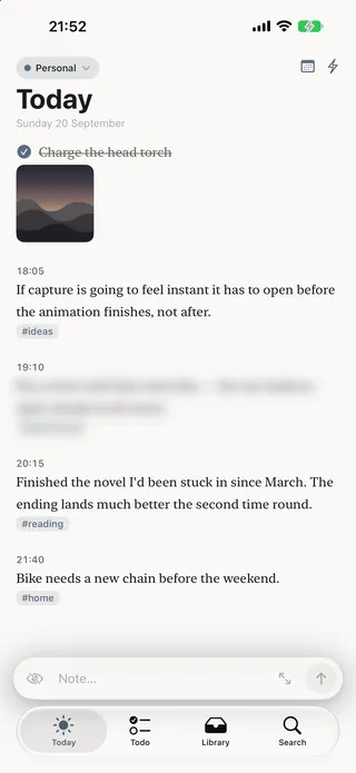 Qurrent on iPhone: today’s notes with their tags, and space at the bottom to type the next one