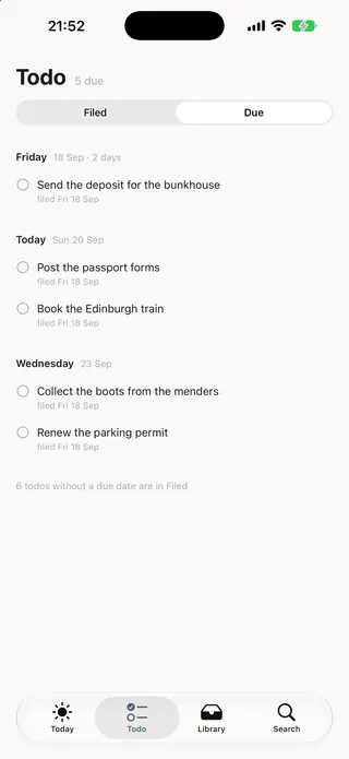 The Todo list grouped by due date: Friday, Today, Wednesday