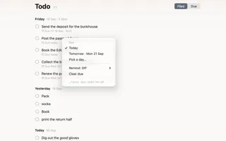 The Todo list on the Mac, with due dates under each todo and the Due menu open on one